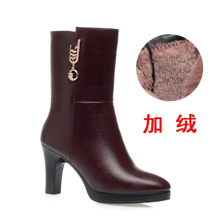 Women's Autumn Winter Fashion Leather Boots Warm High-heeled Plush Trend Mid-calf Zipper Round Head Mother Cotton Boots Outdoor