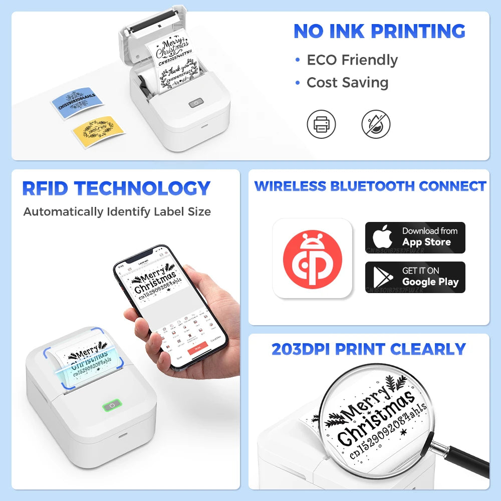 Marklife X2 Mini Printer Label Inkless Bluetooth Portable Adhesive Sticker Label Machine DIY Name Tag Barcode or 1PK Label Paper