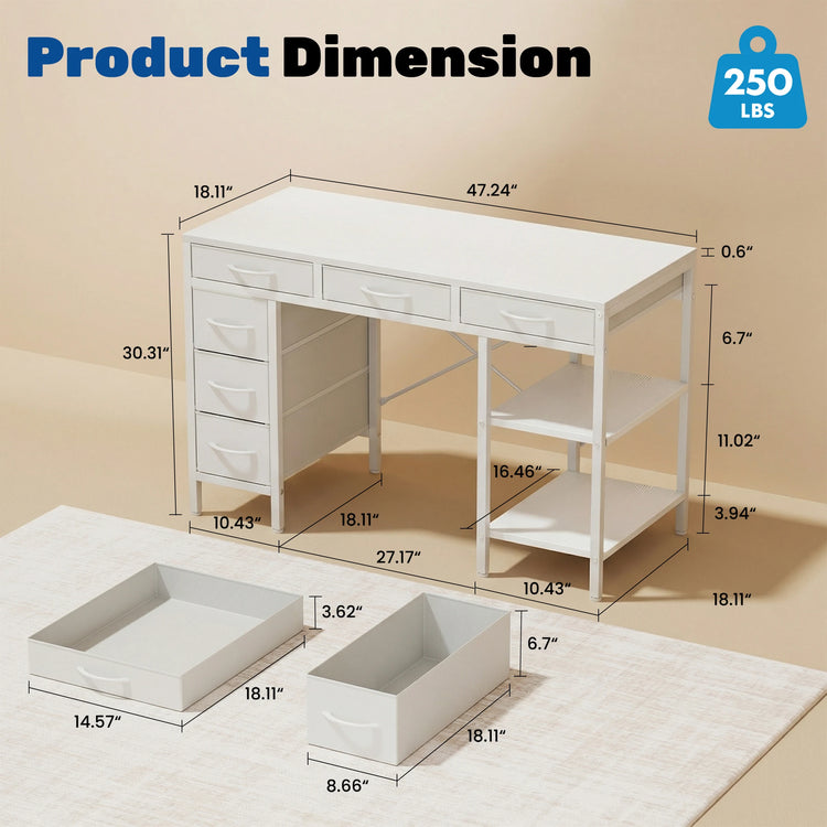 MCQ 47 Inch Office Computer Desk With 6 Fabric Drawers Standing Ergonomic Gaming Desk With Storage Shelves Reversible Gaming Desk For Home Office Small Space