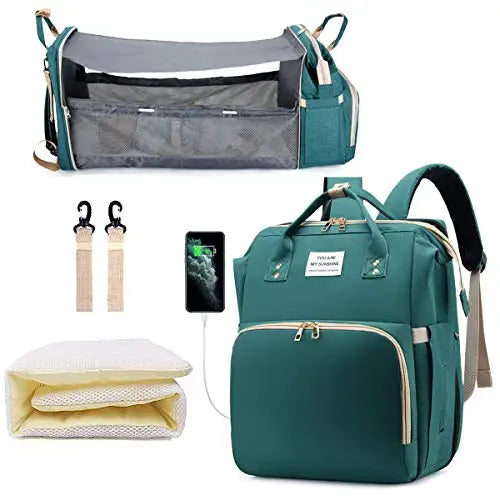 Foldable 3-in-1 Diaper Bag Backpack with USB Charge Waterproof Travel Bag Baby Bed And Changing Mat Included
