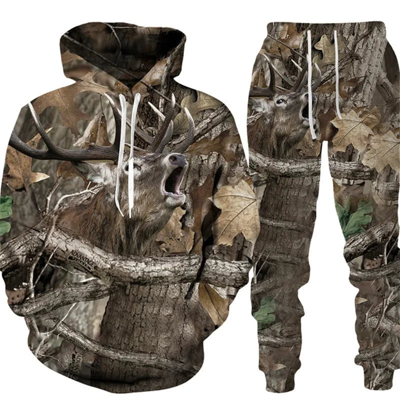 Men's Camouflage Hunting Animal Tracksuit Outfits 3D Wolf Print Hoodies 2-Piece Autumn/Winter Outdoor Sweatshirts Sweatpants Set