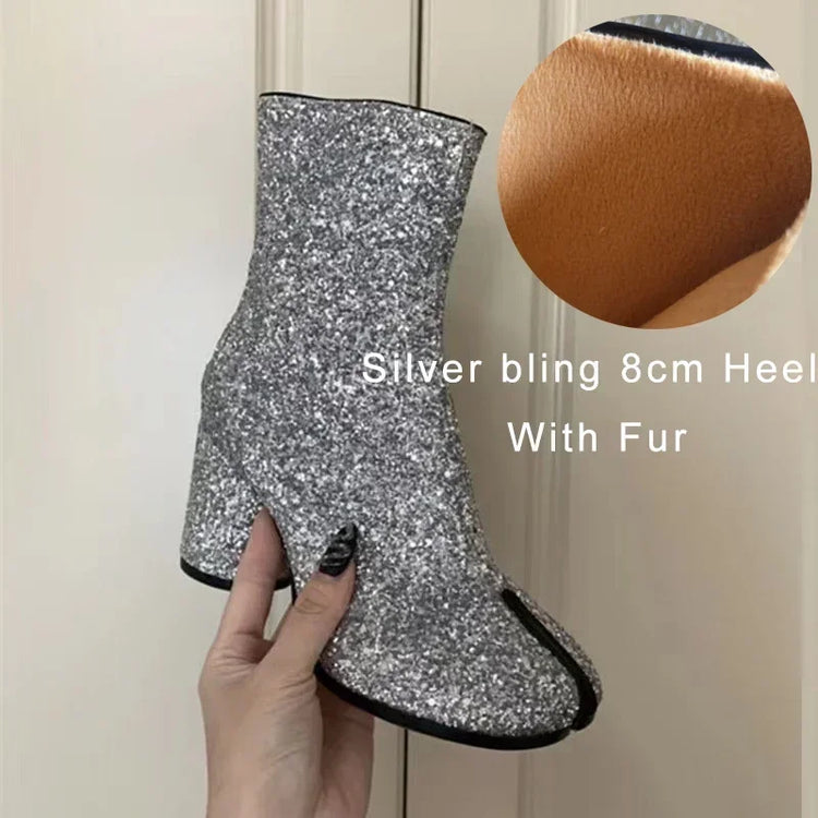 Luxury Brand Designer Tabi Split toe Ankle Boots Women Genuine Leather Chunky Round Heel Short Boots 2024 Autumn Winter Shoes