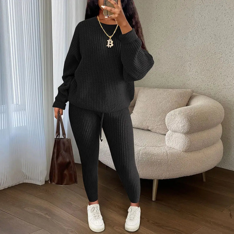 FAGADOER Knitt Sweater 2 Piece Set for Women Autumn Winter Long Sleeve O Neck Sweater + Skinny Pants Sets Casual Outfit Homewear