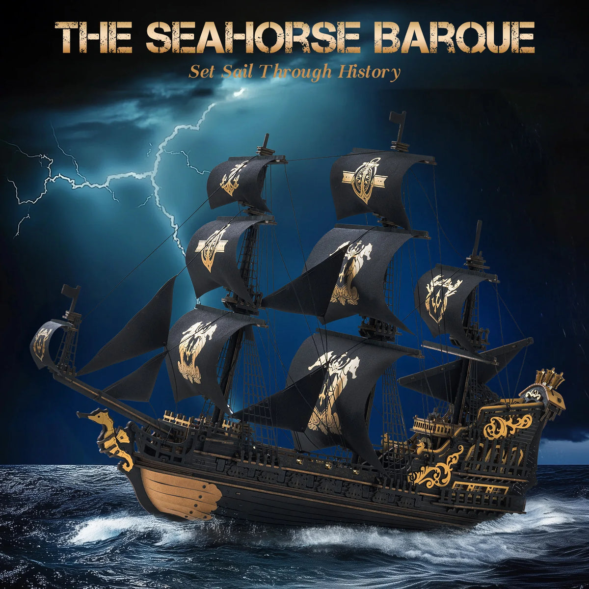 ROKR Seahorse Barque Wooden 3D Puzzle 1:100 Scale DIY Sailboat Model Building Kit 603 Pieces Brain Teasers Jigsaw Toy for Adults Boys