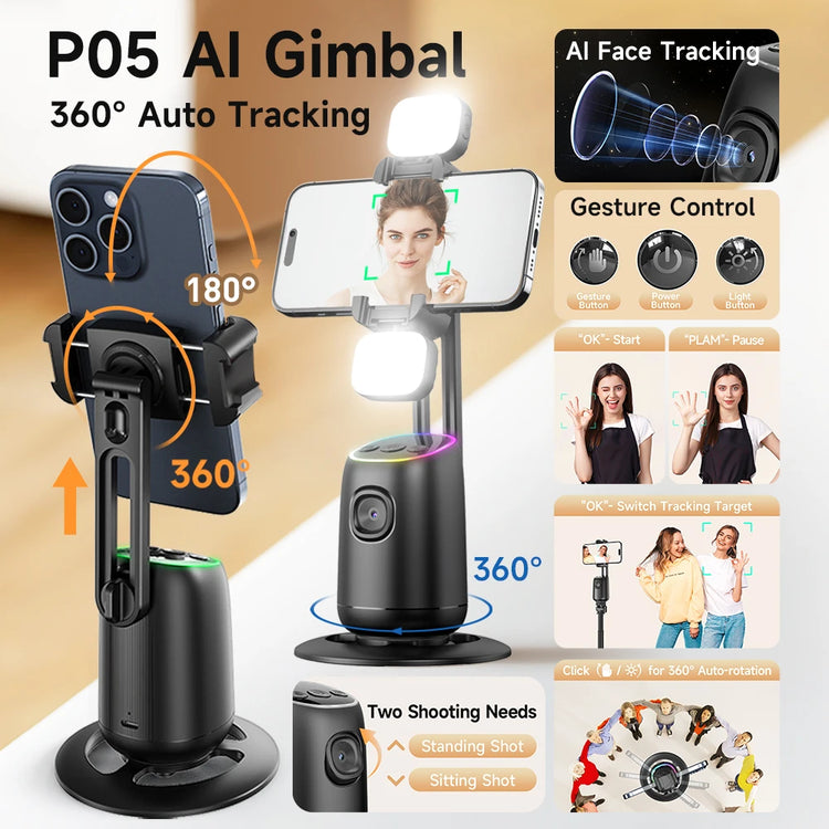 AI Auto-Tracking Phone Gimbal 360° Rotating Face Tracking Stabilizer Portable Desktop Holder for Live Streaming & Photo Shooting