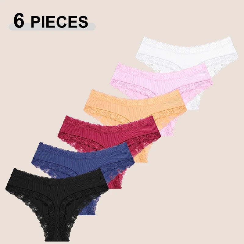 6Pcs/Set Cotton Patchwork Lace Panties Women Solid Color Breathable Low Waist G-strings Underwear Ladies Soft Comfortable Thongs