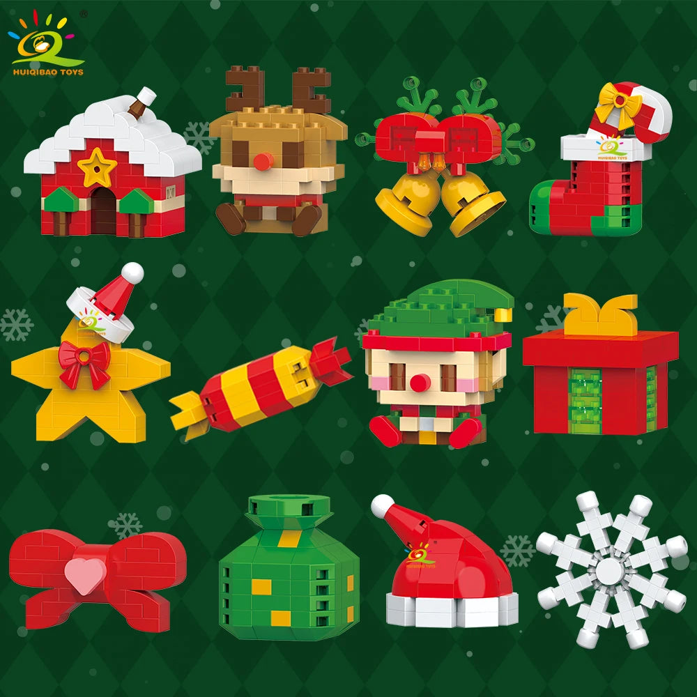 HUIQIBAO Christmas Mini Building Blocks Set DIY Santa Claus Xmas Tree Snowman House Ornament Kid Educational Assembly Toy