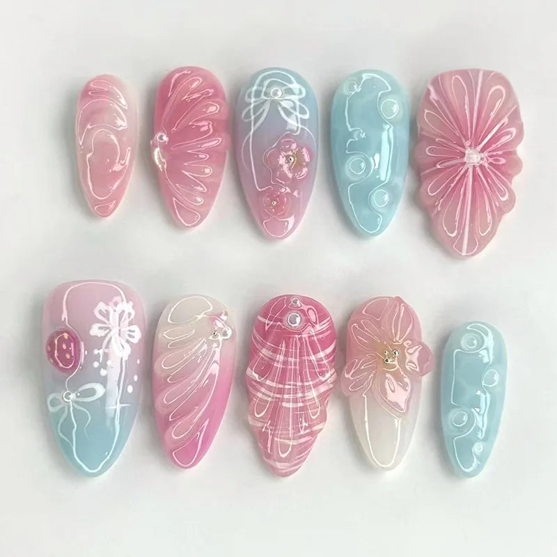 24PCS Pink Almond Press on Nails Full Cover Carved Flower 3D Ripples French Fake Nails for Women with Golden Pearl Wearable Nail