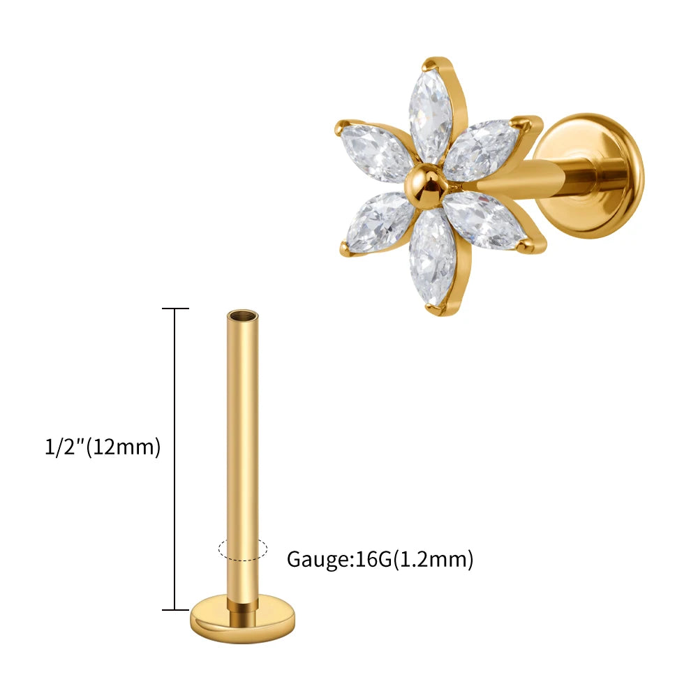 Right Grand ASTM F136 Titanium 16G Marquise Flower CZ Labret Stud Helix Conch Cartilage Tragus Flat Back Piercing Body jewelry