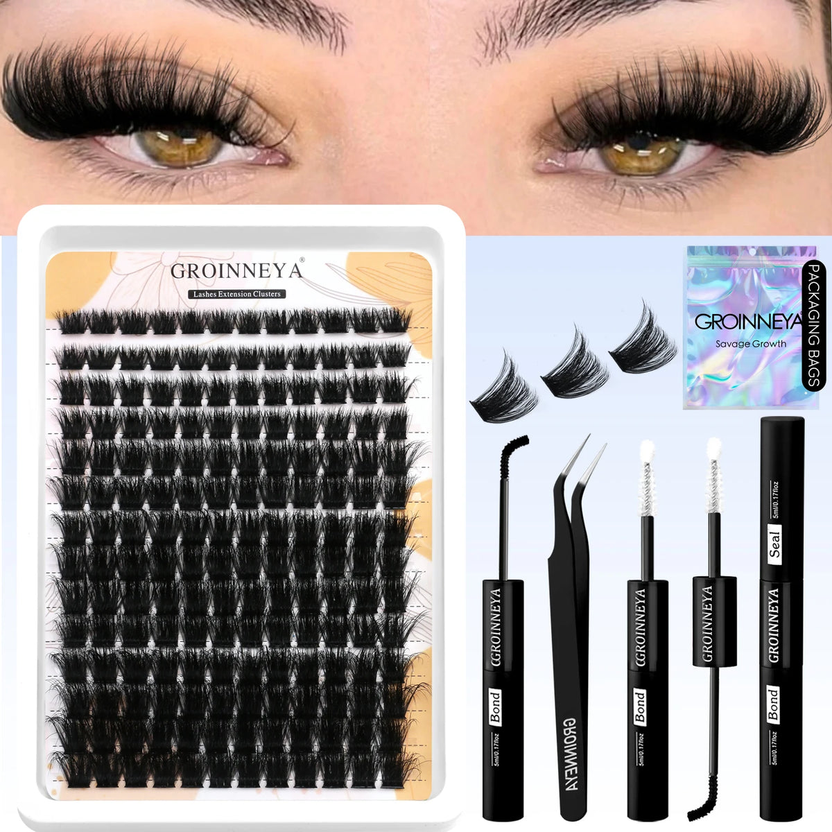 GROINNEYA Lash Clusters Kit With Waterproof Strong Hold DIY Lash Extension Kit Lash Bond And Seal And Eyelash Tweezers Makeup