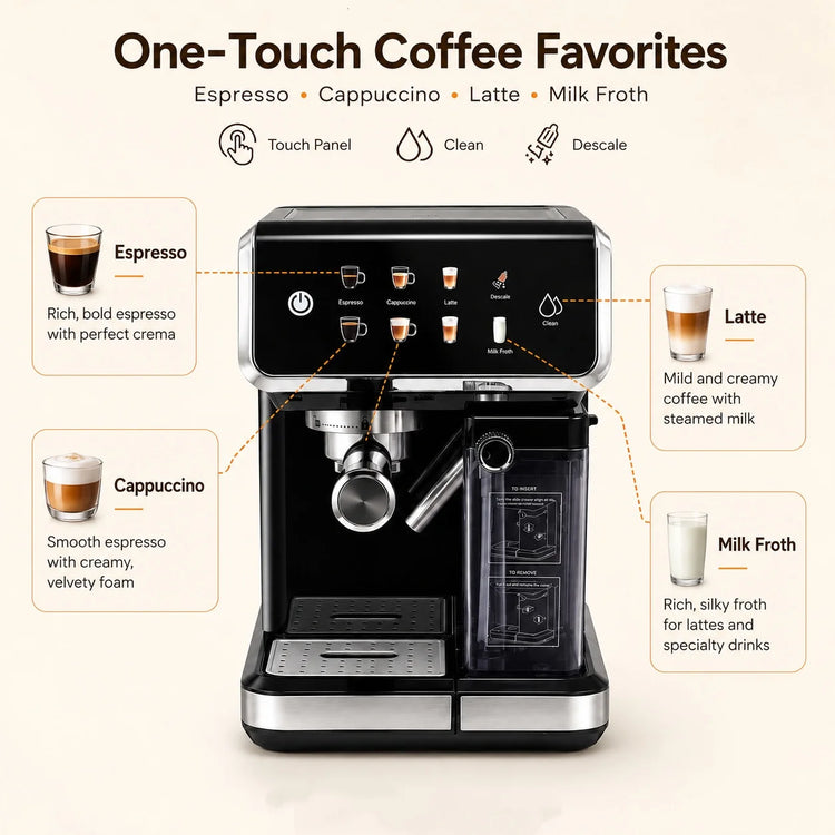 20Bar Espresso Machine, Semi-Automatic Coffee Maker with Milk Frother, Compatible with Capsules & Ground Coffee, Home Coffee Mac