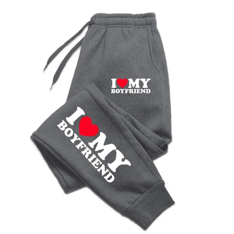 I Love My Boyfriend and Girlfriend Print Pants Woman Man Couple Sweatpants Loose Casual Warm Pants Pocket Drawstring Sportswear