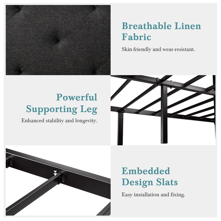 HOOMIC Metal Bed Frame with Upholstered Finely Stitched Headboard, Linen Fabric, Sturdy Foundation, No Box Spring Needed