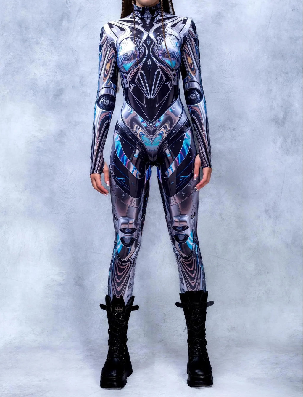 Sexy Fashion Print Jumpsuit Woman Turtleneck Zentai Bodysuit Cyberpunk Steam Tight Suit Halloween Costume Burning Man Outfit