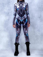Sexy Fashion Print Jumpsuit Woman Turtleneck Zentai Bodysuit Cyberpunk Steam Tight Suit Halloween Costume Burning Man Outfit