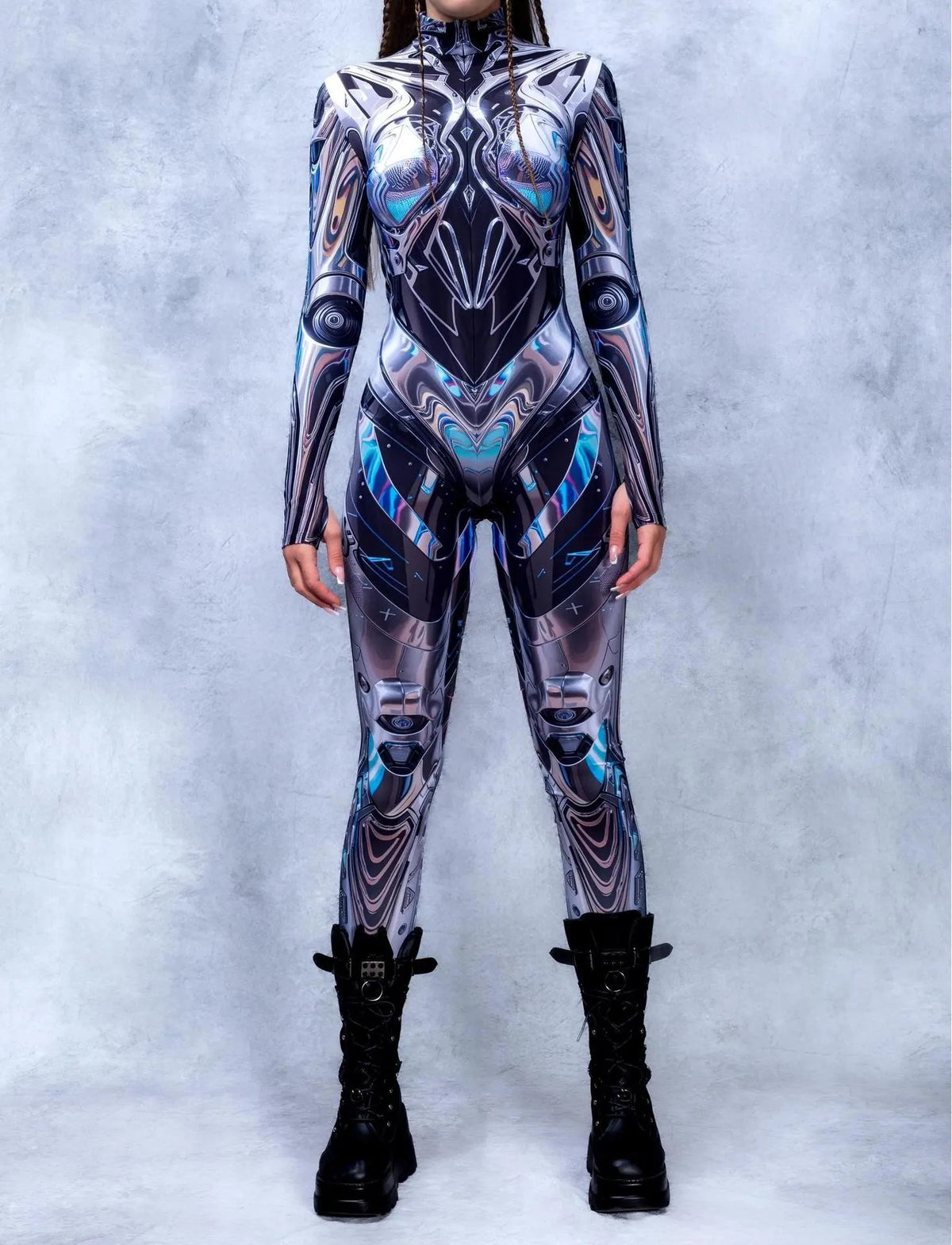 Sexy Fashion Print Jumpsuit Woman Turtleneck Zentai Bodysuit Cyberpunk Steam Tight Suit Halloween Costume Burning Man Outfit