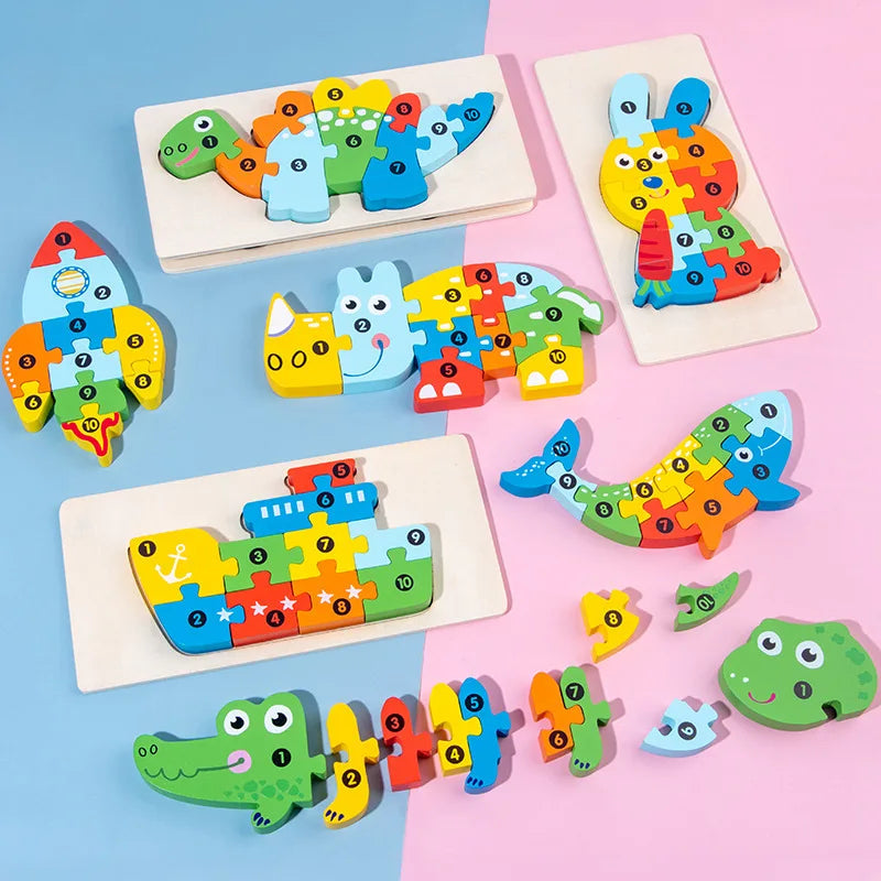 3D Stereoscopic Montessori Wooden Puzzle Cartoon Dinosaur Animal Shape Color Cognitive Educational Game Toy Kids Birthday Gift