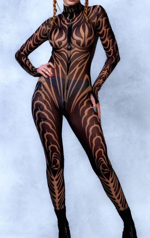 Sexy Fashion Print Jumpsuit Woman Turtleneck Zentai Bodysuit Cyberpunk Steam Tight Suit Halloween Costume Burning Man Outfit