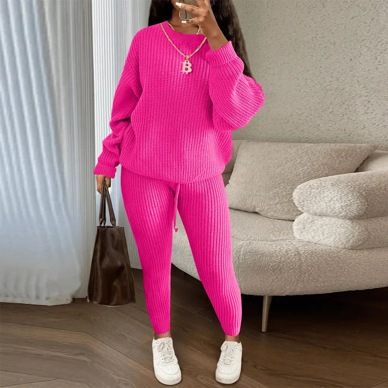 FAGADOER Knitt Sweater 2 Piece Set for Women Autumn Winter Long Sleeve O Neck Sweater + Skinny Pants Sets Casual Outfit Homewear