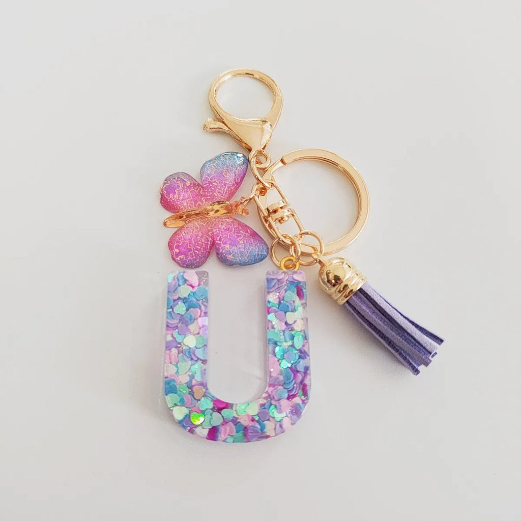 Fashion butterfly Fringe Initial Keychain Drop Glue Blend Sequin A-Z26 Letter Keychain Cute Ladies Student Bag Accessory Gift