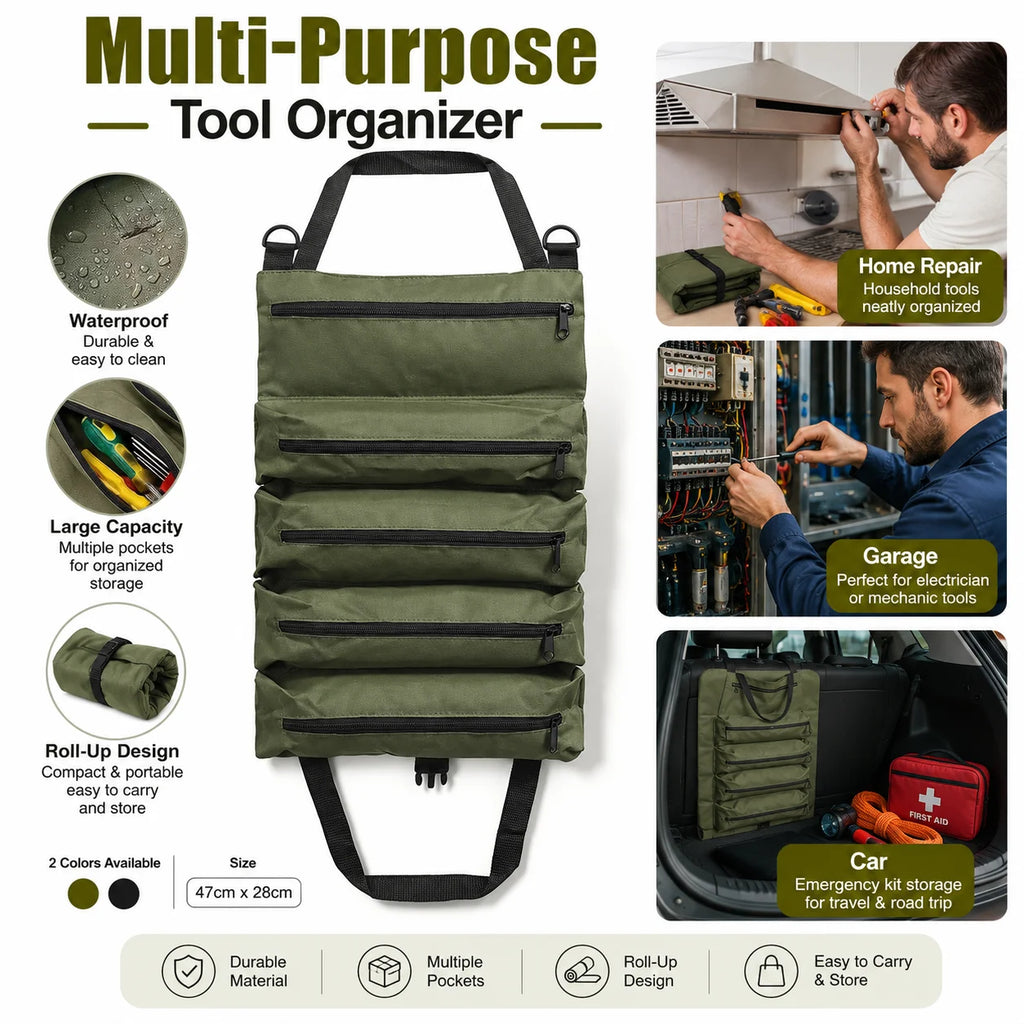 Heavy Duty Roll Up Tool Bag, Oxford Fabric Multi Tool Organizer for Mechanics Electricians Carpenters, Garage Storage