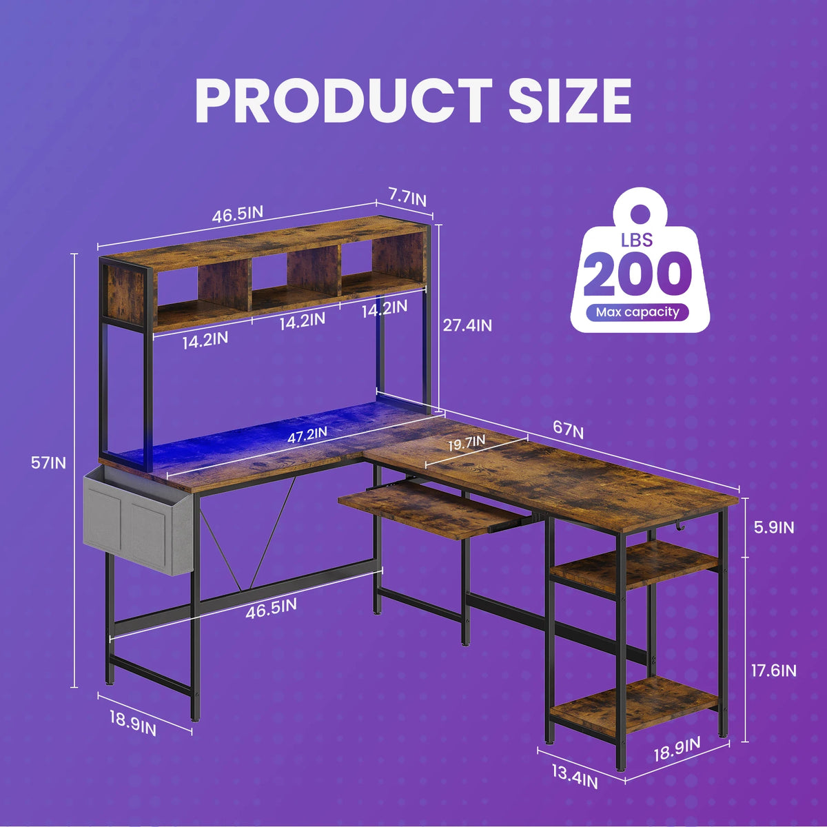 JHK 67" L Shaped Gaming Desk Corner Desks for Compact Spaces with Keyboard Tray Storage Shelf Reversible Computer Desk with LED Lighting Metal Frame PC Gaming Table for Home Office