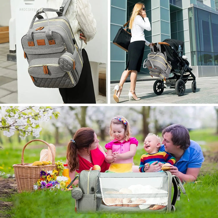 Foldable 3-in-1 Diaper Bag Backpack with USB Charge Waterproof Travel Bag Baby Bed And Changing Mat Included