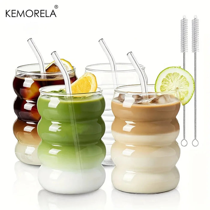 2 High Borosilicate Glass Coffee Cups 350ML/11.8oz with Straw and Brush, Vintage Ripple Design, Transparent Aesthetic Drinkware