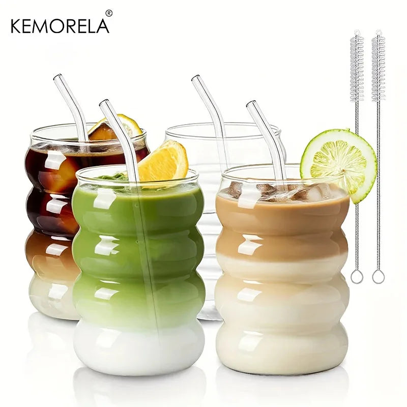 2 High Borosilicate Glass Coffee Cups 350ML/11.8oz with Straw and Brush, Vintage Ripple Design, Transparent Aesthetic Drinkware