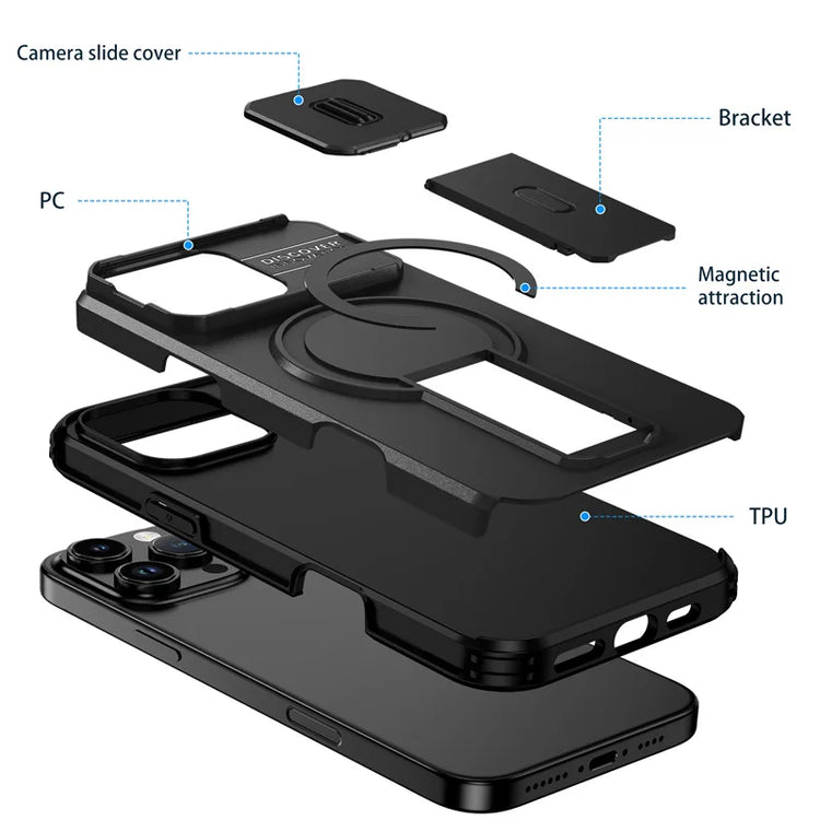 For Magsafe Magnetic Wireless Charging Case For iPhone 16 15 14 13 12 11 Pro Max Plus 16e Armor Stand Slide Lens Protector Cover
