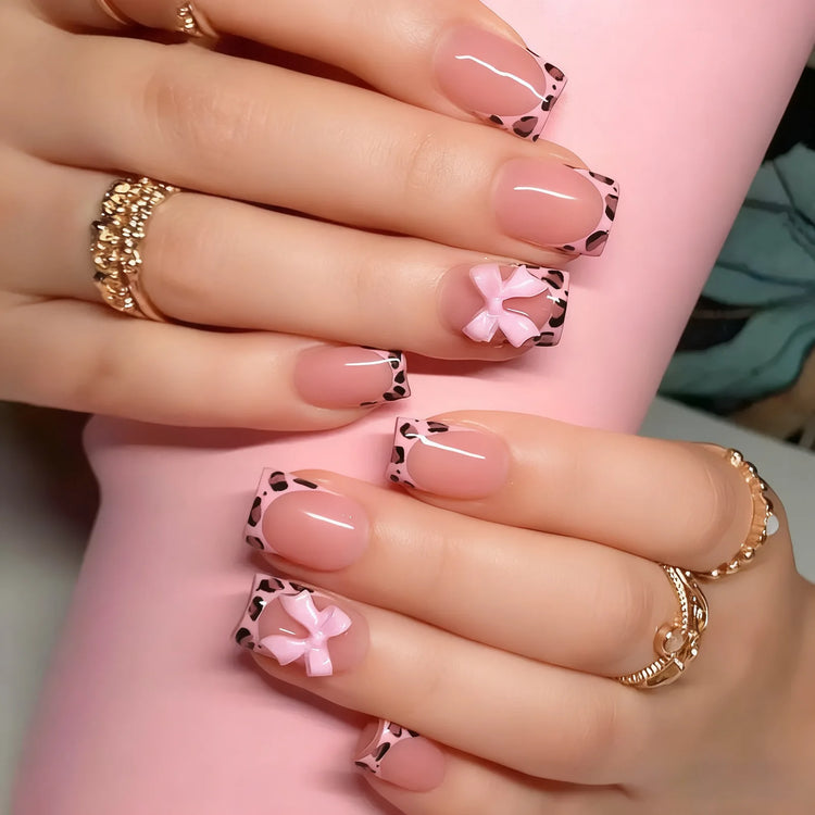 White French Press on Nails 3D Bowknot Fake Nails Tips Full Cover Wearable False Nails for Women and Girls DIY Manicure 24Pcs