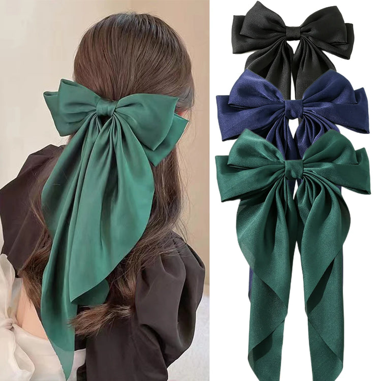 Korean Accessories Hair Clips for Women Girls Big Bowknot Solid Satin Long Ribbon Bows Spring Clamp Barette Cheveux Femme 2023