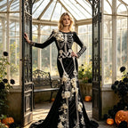Halloween White Bone Skeleton Embroidered Long Sleeved Dress, Dark Rose Three-dimensional Flower Slimming Holiday Party Dress
