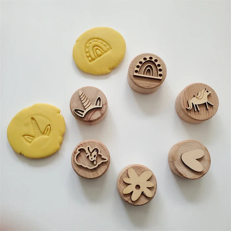 Kids Montessori Wooden Play Dough Stampers Tools Weather Insect Nature Stamps Playdough Fun Activity for Children Sensory Toys