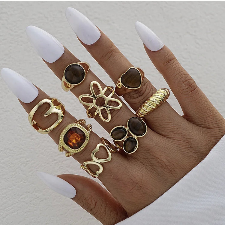 15PCS/Set Cool Oversized Smooth Abstract Lava Line Ring Set Women's Trendy Geometric Stacking Finger Ring Accessories