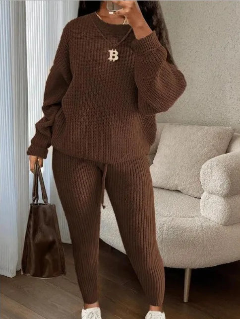 FAGADOER Knitt Sweater 2 Piece Set for Women Autumn Winter Long Sleeve O Neck Sweater + Skinny Pants Sets Casual Outfit Homewear