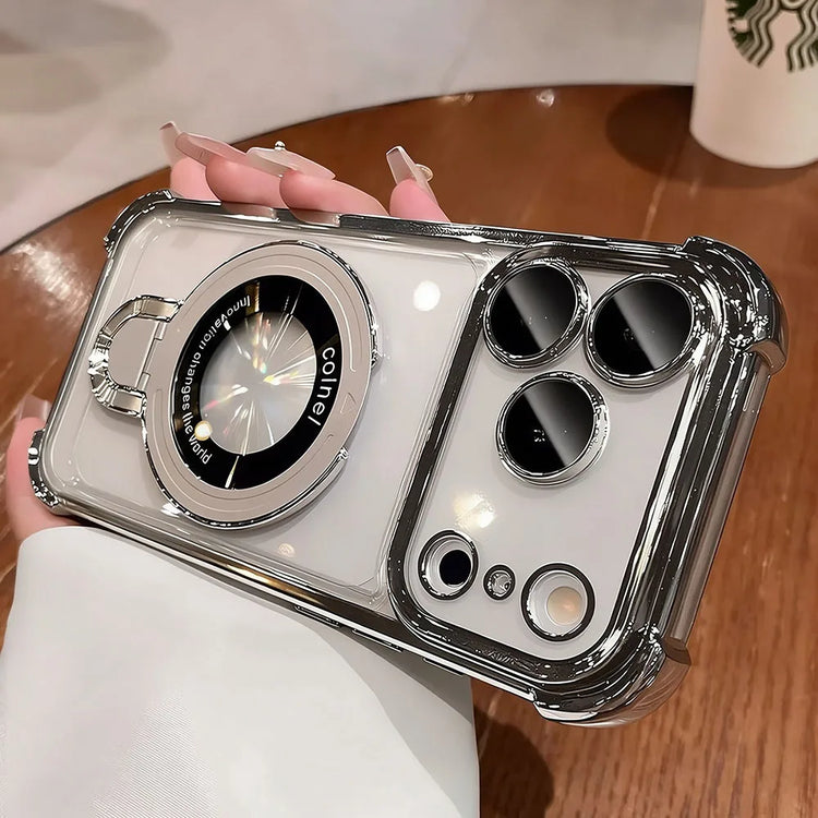 For Magsafe Wireless Charging Case For iPhone 18 Pro Max Air 14 15 Plus 13 16 17 Pro Transparent Plating Ring Holder Phone Cover