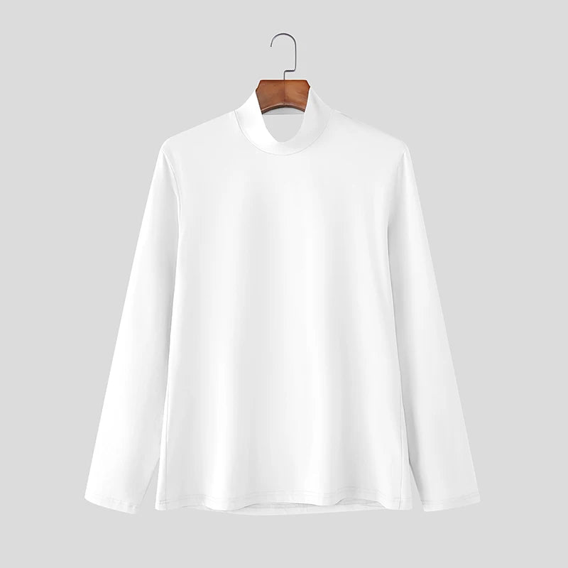 INCERUN Men T Shirt Solid Color Turtleneck Long Sleeve Hollow Out Backless Male Tee Tops Streetwear Fashion Casual Men Clothing