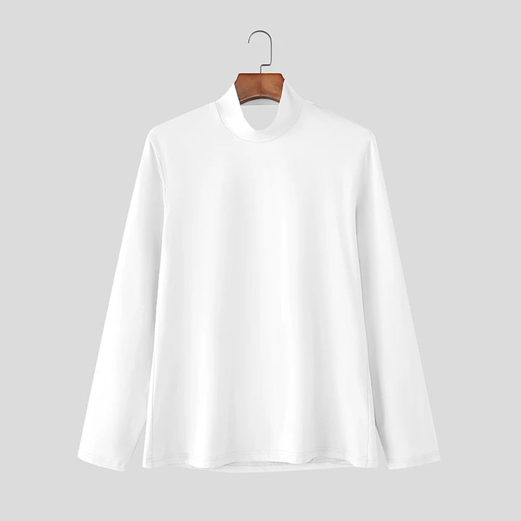 INCERUN Men T Shirt Solid Color Turtleneck Long Sleeve Hollow Out Backless Male Tee Tops Streetwear Fashion Casual Men Clothing