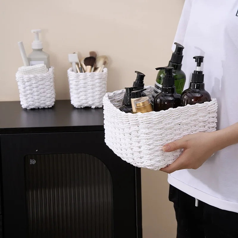 1/3pcs Handmade Straw Woven Soft Round Paper Rope Storage Basket for Organizing Decorative Storage Bins Office Storage Box