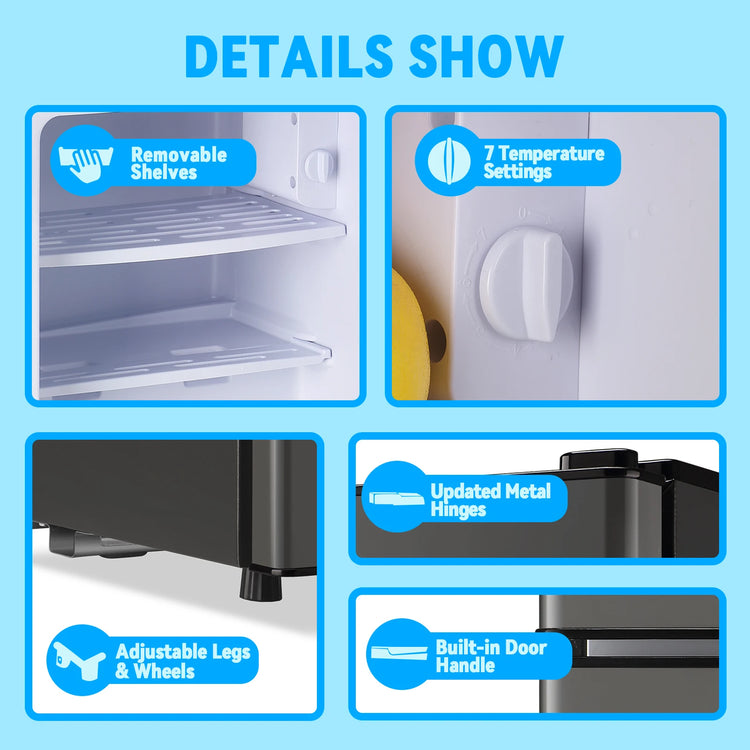 Mini Fridge with Top Freezer 2.0 Cu.ft Two Door Small Grey Refrigerator for Personal Use Includes Egg Tray