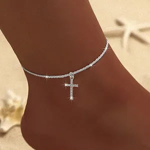 Sparkling Thin Chain Anklet Bracelet for Women Zircon Cross Pendant Bracelet on Leg Foot 2024 Trendy Boho Summer Beach Jewellry