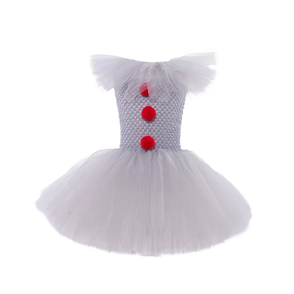 2026 Halloween Trick or Treat Carnival Party White Gray Scary Clown Mesh Fluffy Dress Girl Cosplay Joker Costume Accessories Set
