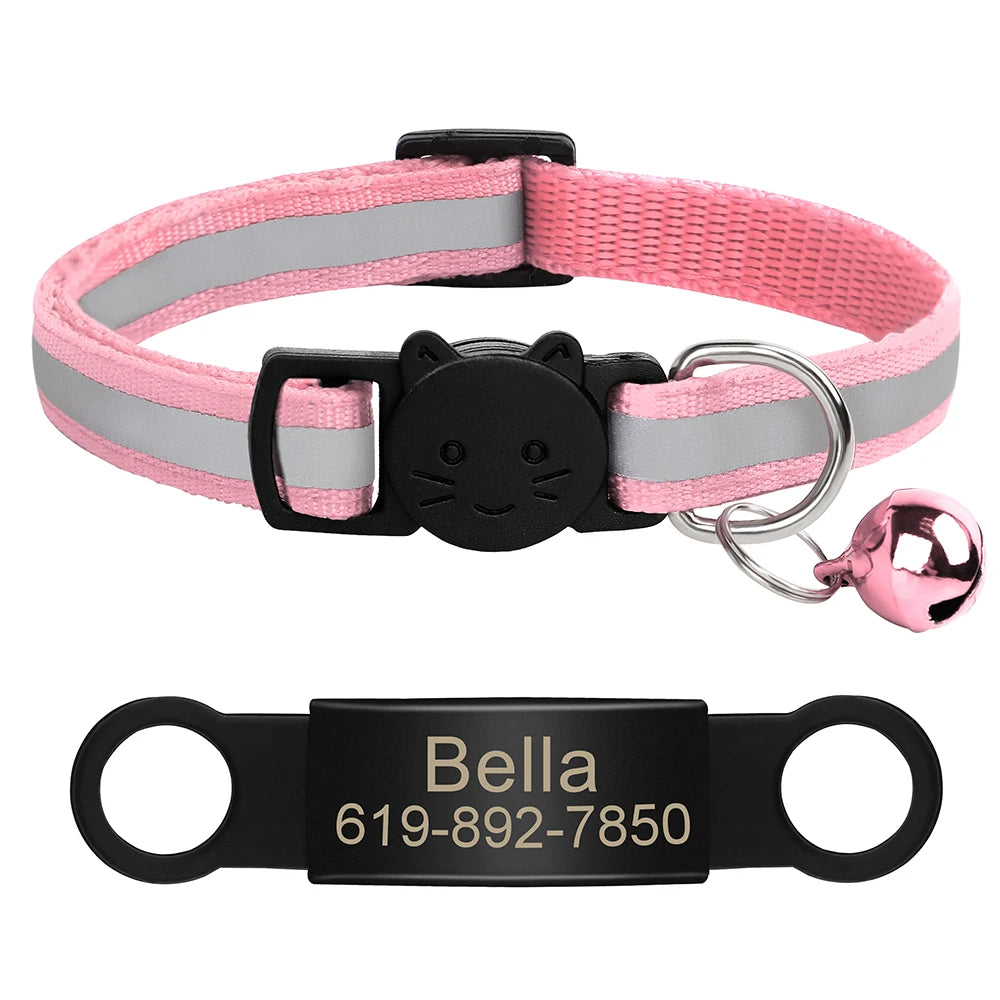 Customized Cat Collar Reflective Cat Collar Free Engraved Puppy Kitten Pet ID Nameplate Necklace With Bell Anti-lost For Cats
