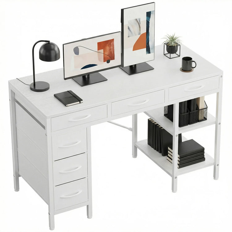 MCQ 47 Inch Office Computer Desk With 6 Fabric Drawers Standing Ergonomic Gaming Desk With Storage Shelves Reversible Gaming Desk For Home Office Small Space