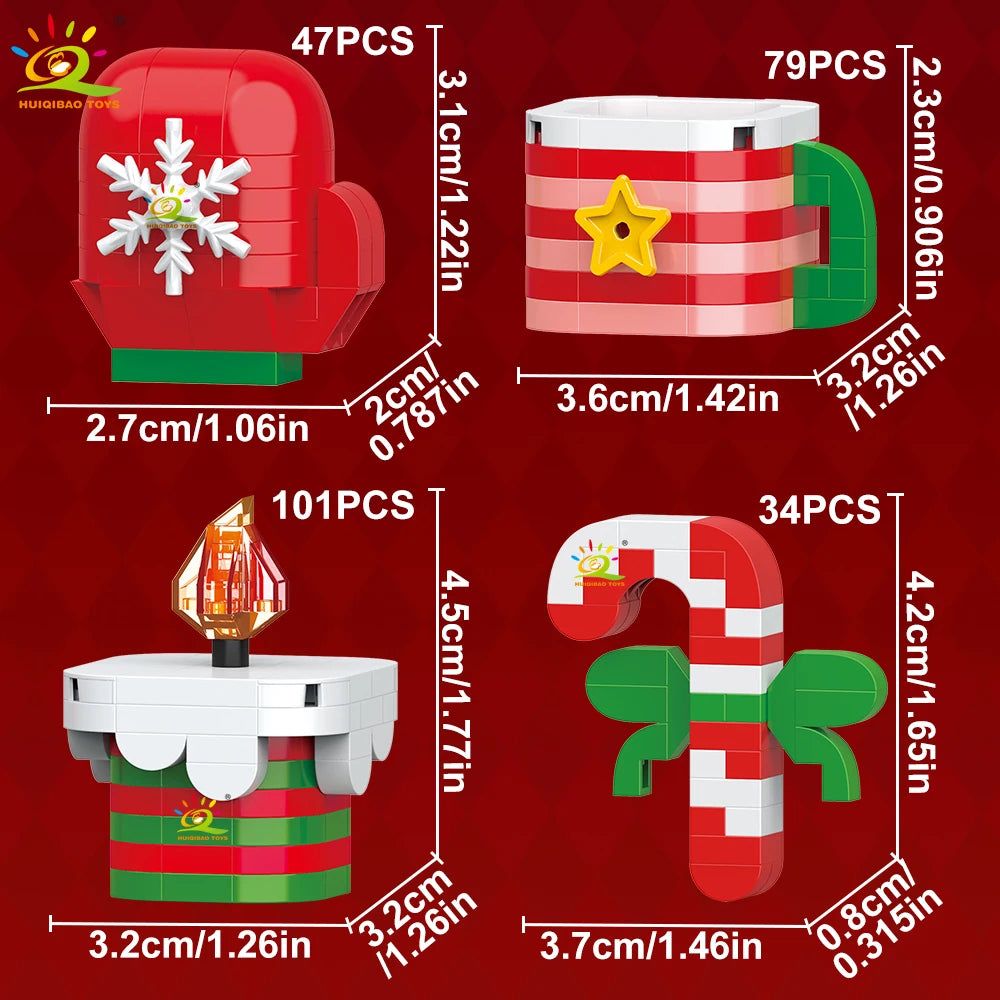 HUIQIBAO Christmas Mini Building Blocks Set DIY Santa Claus Xmas Tree Snowman House Ornament Kid Educational Assembly Toy