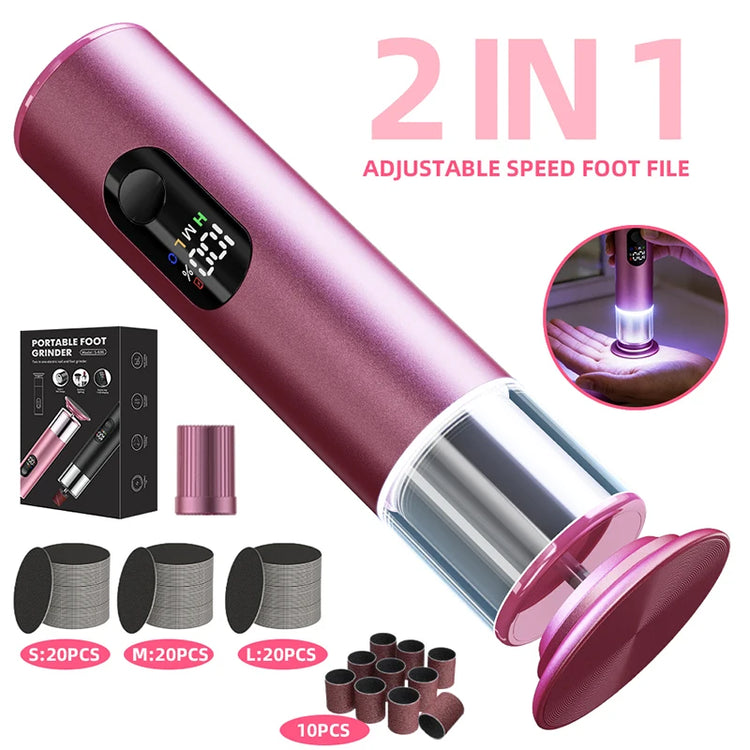 Electric Foot File Callus Remover 2-in-1 Rechargeable with 60PCS Replaceable Sandpaper Discs Nail Pedicure Tool Set for Smooth F