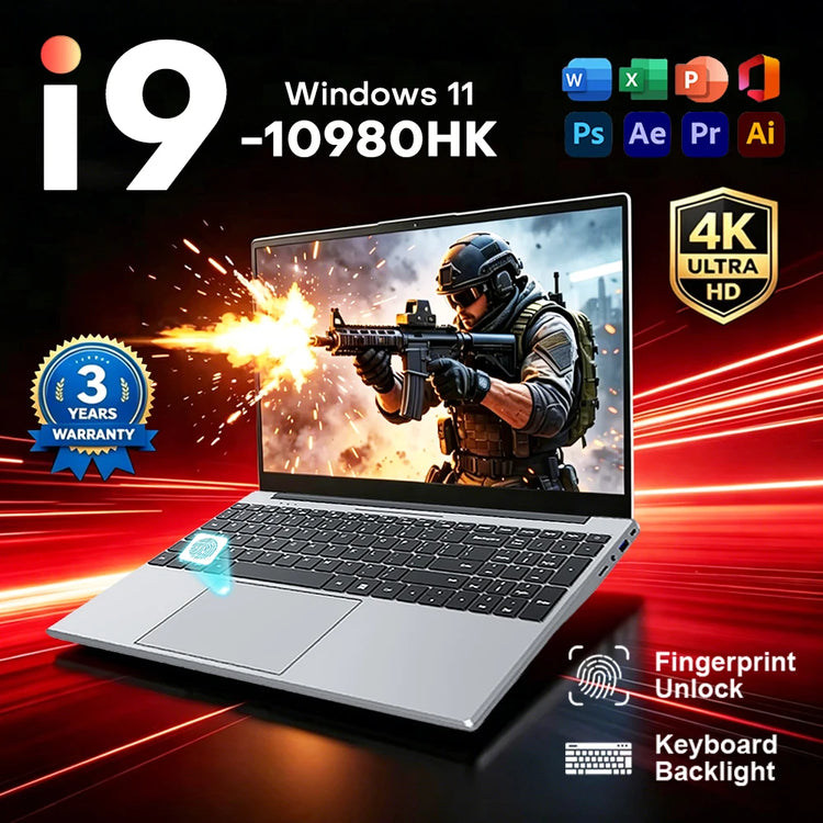 15.6 inch Laptop Windows 11 Intel Core I9 10980HK Portable Gaming PC 16GB RAM 1TB 2TB SSD Fingerprint Unlock Backlight Notebook