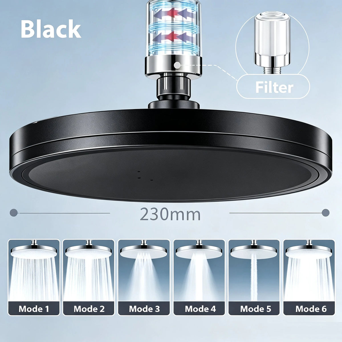 New 230mm Big Panel Large Flow Supercharge Ceiling Mounted Shower Head Set 6 Modes High Pressure Bathroom Showerhead with Filter