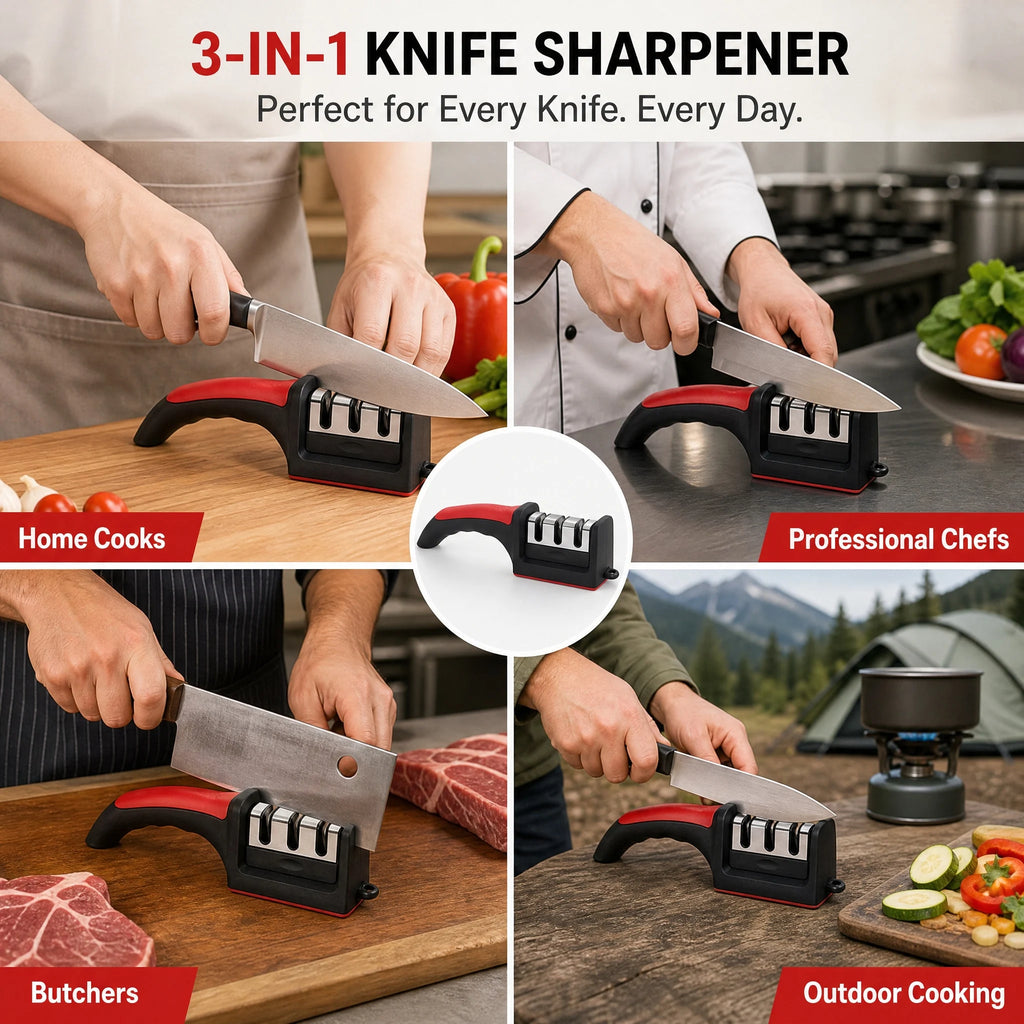 Easy and Fast Knife Sharpener, 3-Stage Sharpening System for Kitchen Knives with Non-Slip Ergonomic Handle, Safe and Efficient